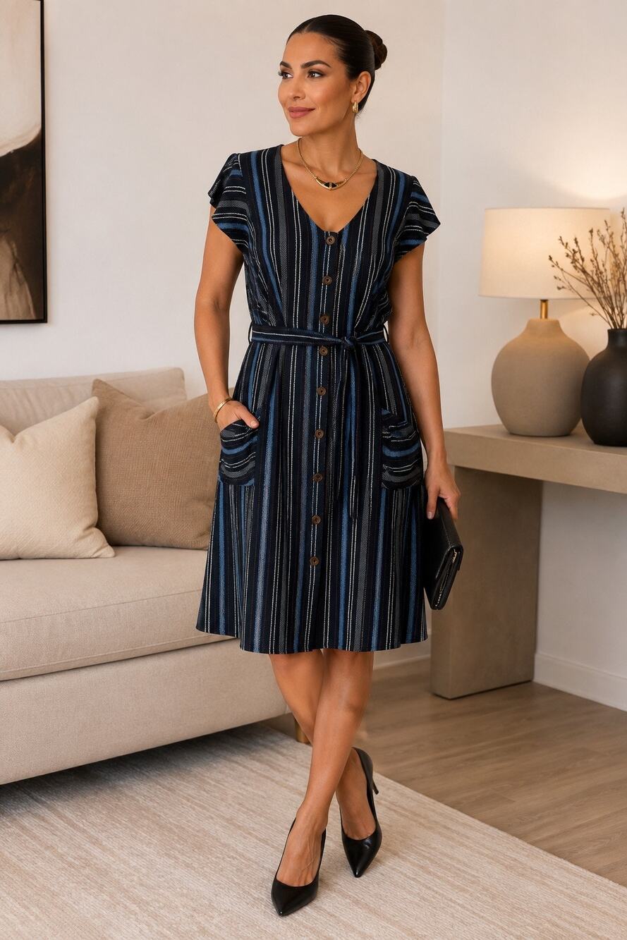 Jolt Women’s XL Navy Striped Button Front Belted Midi Dress Pockets